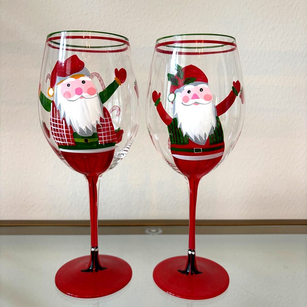 Neiman Marcus Hand-Painted Santa Christmas Wine Glasses Set of 2 New